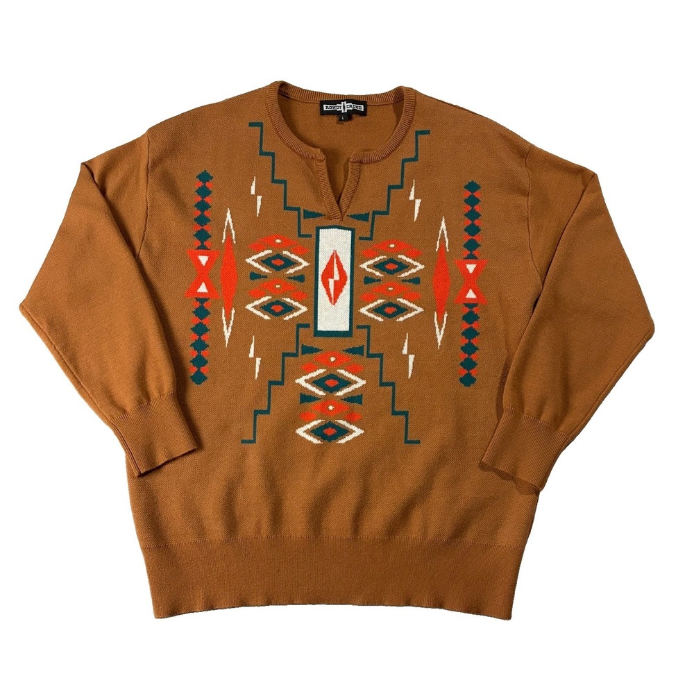 Rowdy Crowd Split-Neck Aztec Design Long Sleeve Sweater Brown Women L Western